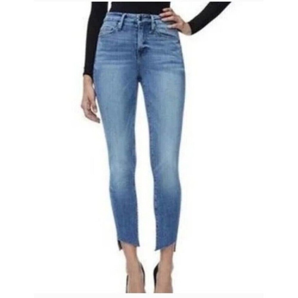 GOOD AMERICAN GOOD WAIST DENIM BLUE JEANS TULIP RAW FRAYED HEM WOMEN 8/29